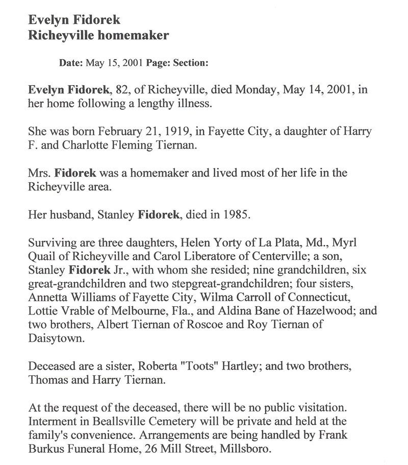 Evelyn Fidorek obit